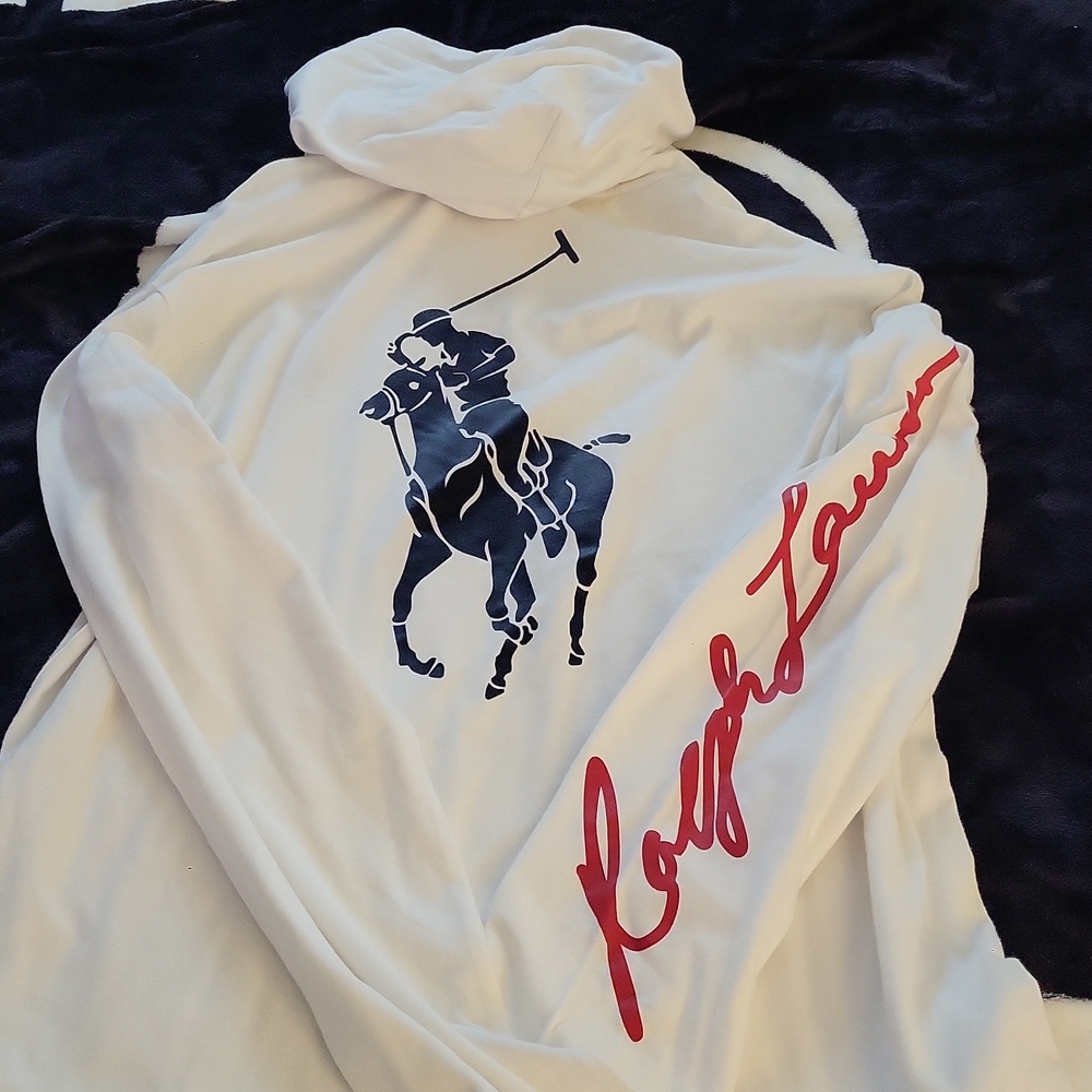 Polo by Ralph Lauren White Zip-Up Hoodie with Red Script Sleeve (Black Horse) - Picture 7 of 11